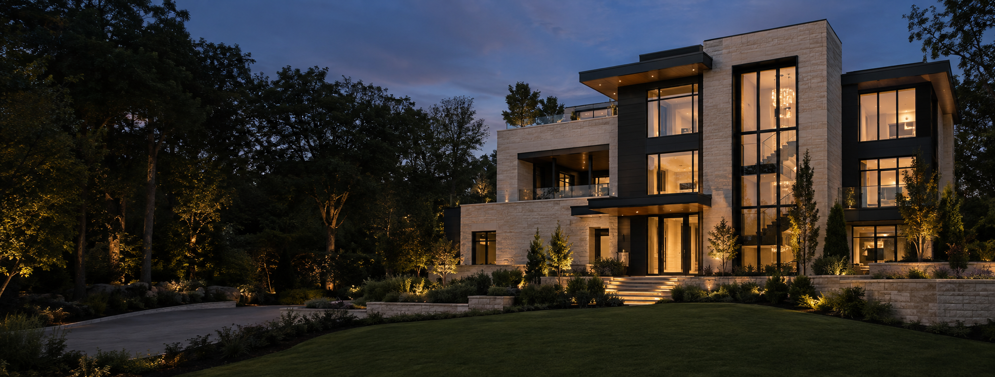 Contemporary luxury residence illuminated at dusk